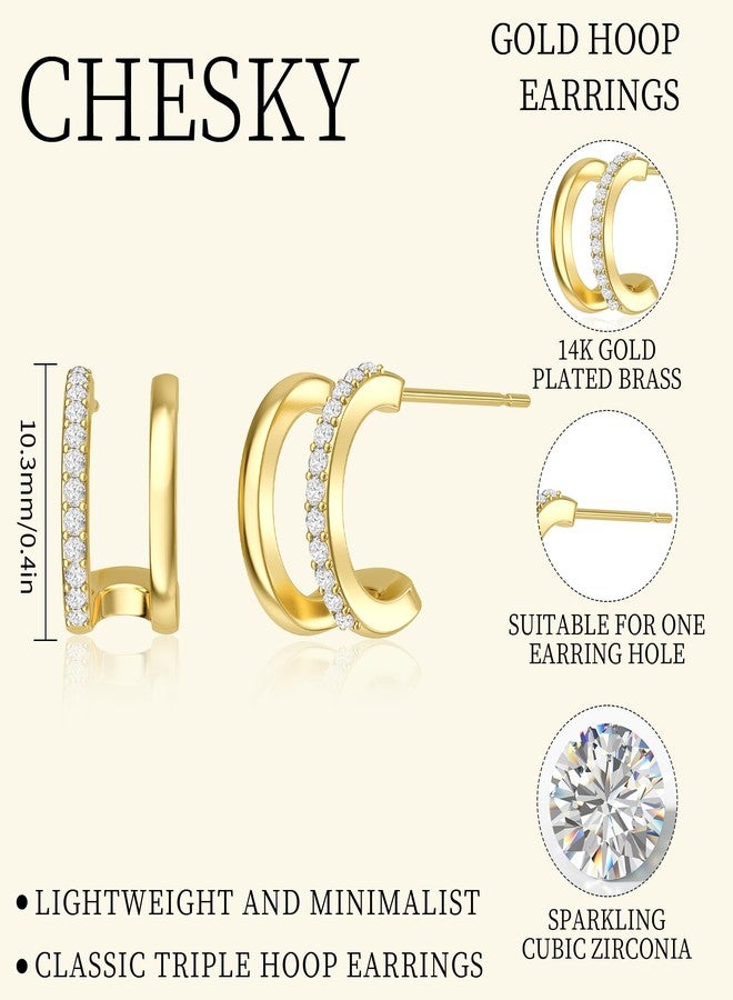 CHESKY 14k Gold Plated Triple Illusion Huggie Stud Earrings, Trendy Double Huggie Hoop Stud Earrings for One Hole, Dainty Gold Claw Earrings for Women Cute Unique Jewelry Gift - Image 5